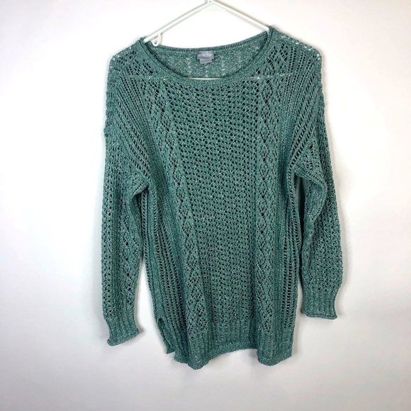 Chico’s aqua semi sheer crochet sweater drop shoulder long sleeve M (Chico’s 1) - Picture 1 of 12